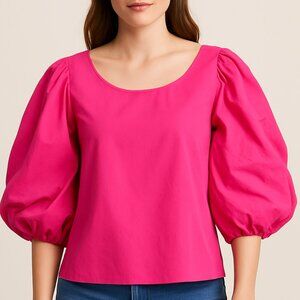 Halogen Size M Petite Bright Pink Puff Sleeve Romantic Blouse